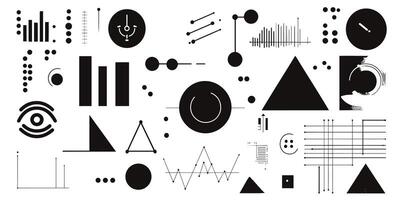 Abstract geometric shapes and symbols on a white background, featuring circles, triangles, and lines. vector
