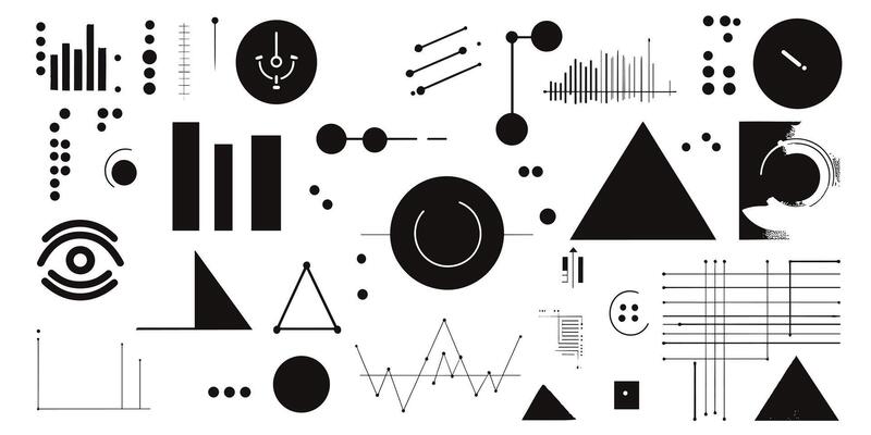 Abstract geometric shapes and symbols on a white background, featuring circles, triangles, and lines.