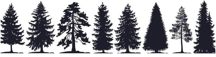 A variety of tree silhouettes in different shapes and sizes against a white background. vector