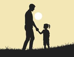 Silhouette of a man and child holding hands at sunset, symbolizing connection and warmth. vector
