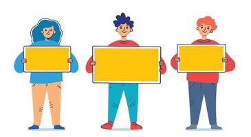 Three diverse cartoon characters holding blank yellow signs with animated expressions. vector