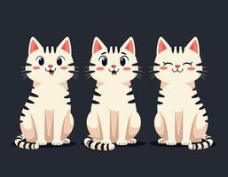 Three adorable cartoon cats with striped fur sit together, each displaying different cheerful expressions on a dark background. vector