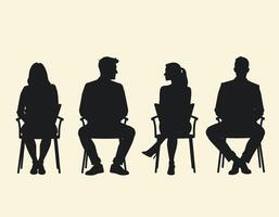 Silhouettes of four people, two men and two women, sitting on chairs facing each other against a light background, conveying conversation and interaction. vector
