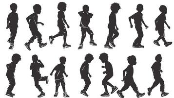 Silhouettes of children in various playful poses, showcasing movement and energy. vector