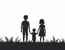 Silhouette of a family of three holding hands amidst grass and ferns, illustrating unity and togetherness. vector