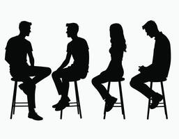 Silhouettes of three men and one woman sitting on stools, engaged in conversation against a white background. vector