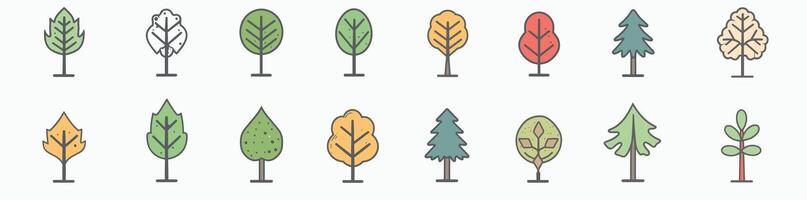 Minimalist tree icons in various shapes and colors illustrating different tree species. vector
