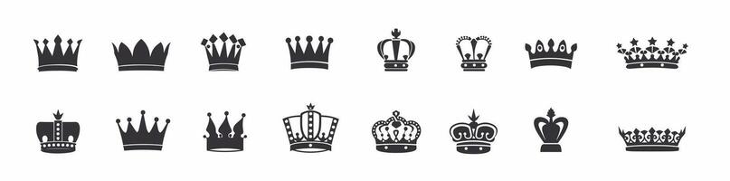 Set of various black crown icons on a white background showcasing different designs and styles. vector