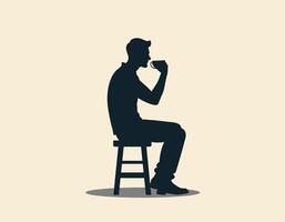 Silhouette of a man enjoying a cup of coffee while seated on a stool against a beige background. vector