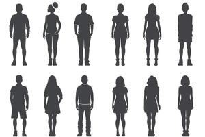 Silhouettes of diverse individuals in various poses on a white background. vector