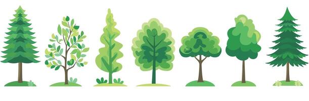 Illustration of various green trees, showcasing different shapes and foliage styles on a white background. vector