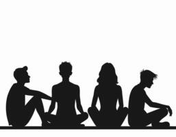 Silhouettes of diverse individuals seated and relaxing, captured against a white background, conveying a sense of unity and contemplation. vector