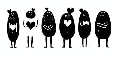 Abstract black and white figures with heart motifs display playful and whimsical designs. vector