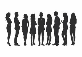 Silhouette of a diverse group of professionals standing in a line, conveying teamwork and unity. vector