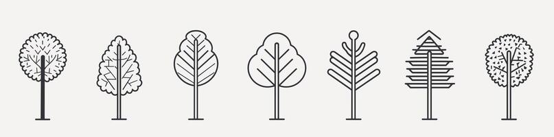 Minimalist line art of various tree shapes on a light background. vector