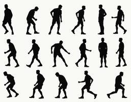 Silhouettes of a male athlete in various dynamic poses, showcasing movement and agility in a minimalist style on a white background. vector