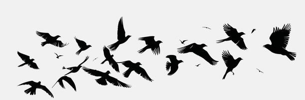 Silhouettes of birds in flight against a white sky, showcasing freedom and movement. vector