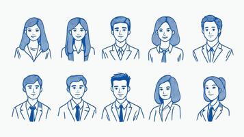 Illustration of diverse business professionals in formal attire against a plain background. vector