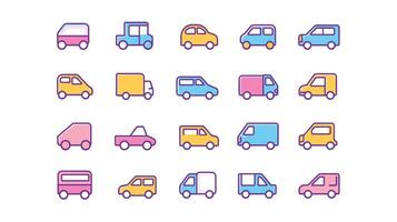 A colorful collection of various vehicle icons on a white background, showcasing diverse car shapes and designs. vector