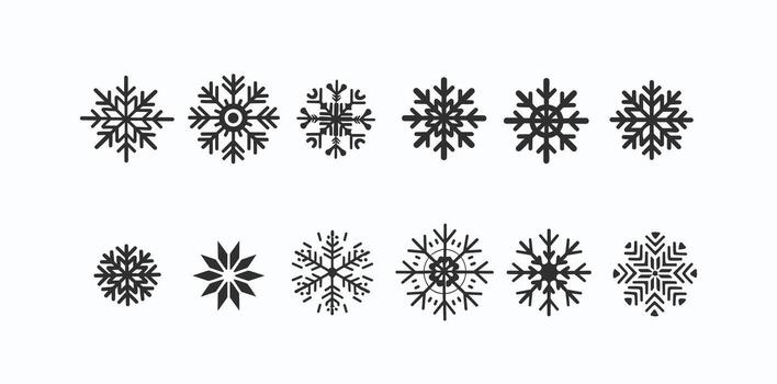 un colección de negro copo de nieve diseños en un blanco fondo, exhibiendo geométrico y intrincado patrones. vector