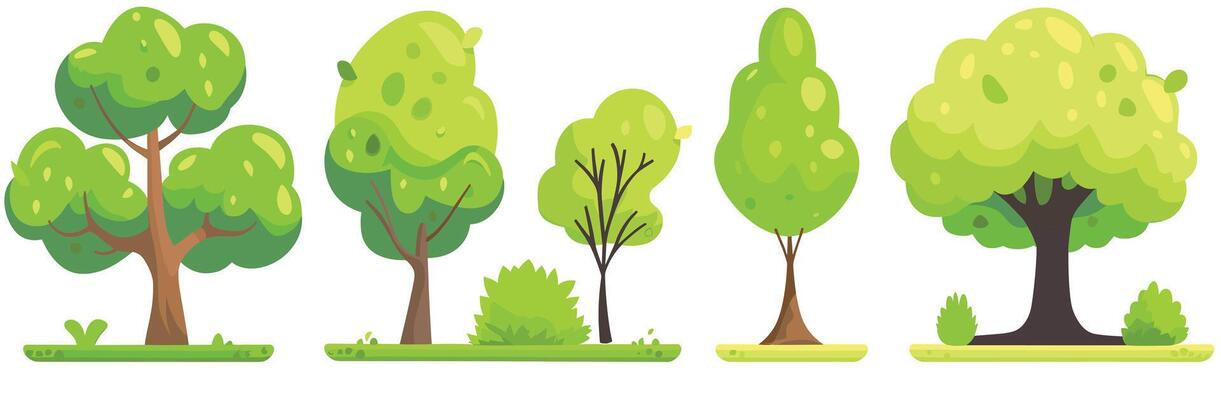 A collection of whimsical cartoon trees with vibrant green canopies.