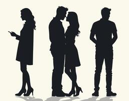 Silhouettes of three individuals with two people in a romantic embrace and one solitary figure standing apart. vector