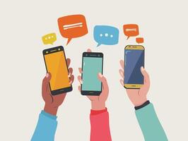 Diverse hands holding smartphones, engaging in colorful speech bubble conversations. vector