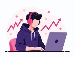 Digital illustration of a person wearing headphones working on a laptop with upward graphs in the background. vector