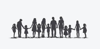 Silhouette of a diverse family holding hands, symbolizing unity and togetherness against a white background. vector