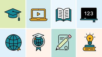 Colorful educational icons set featuring graduation cap, laptop, book, chalkboard, globe, certificate, pencil, and lightbulb, symbolizing various aspects of learning. vector