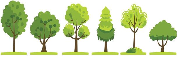 Illustrative collection of various tree types in shades of green, showcasing diversity in foliage and trunk forms. vector
