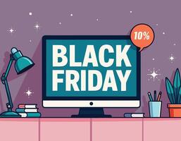 Illustration of a desktop with text highlighting a Black Friday 10 discount, surrounded by books, a lamp, and plants against a starry backdrop. vector