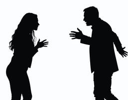Silhouette of a man and woman in an intense discussion, highlighting dramatic gestures and expressions. vector