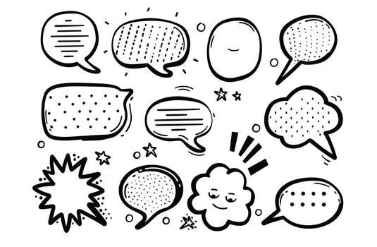 dibujado a mano negro y blanco habla burbujas con varios diseños y patrones en un blanco antecedentes. vector
