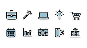 icons illustrating business and technology themes briefcase, magic wand, laptop, light bulb, shopping cart, calendar, graph, camera, smartphone, and building. vector