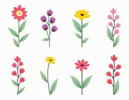 A colorful assortment of stylized flowers on a plain background, showcasing diverse shapes and colors for decorative design. vector
