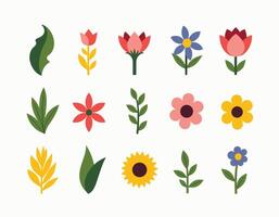 Colorful array of stylized floral and leaf icons on a white background, featuring diverse shapes and vibrant hues. vector