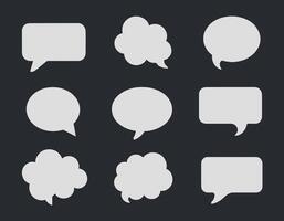Collection of nine diverse speech bubble icons in various shapes against a dark background, illustrating communication and dialogue concepts. vector