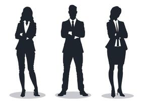 Silhouettes of three business professionals standing confidently with crossed arms. vector