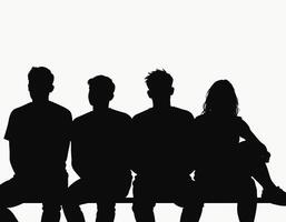 Silhouette of four individuals, three males and one female, seated against a light background, creating a striking contrast that highlights their outlines. vector