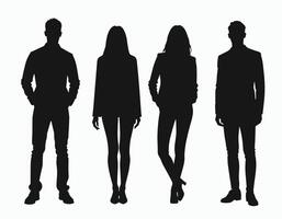 Silhouettes of two men and two women standing in a row, highlighting varied postures and attire against a plain backdrop. vector