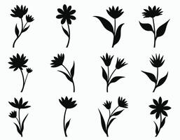 A diverse collection of black floral silhouettes on a white background, showcasing different flower shapes and styles. vector