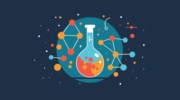 vistoso químico matraz con molecular estructuras en un oscuro antecedentes. vector
