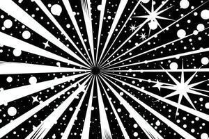 Energetic black and white starburst with dynamic lines and cosmic dots. vector