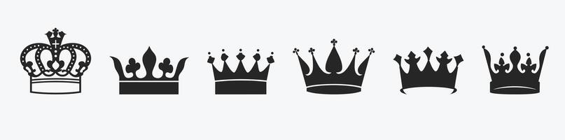 A collection of six black crown silhouettes, each with unique designs, displayed in a row on a light background. vector
