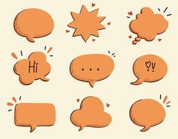 Collection of nine orange speech bubbles and thought clouds with playful cartoon style on a light background. vector