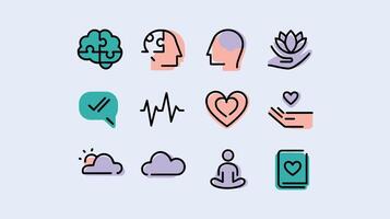 Colorful mental health and wellness icons symbolizing mindfulness, self-care, and relaxation. vector
