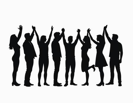 silueta de un diverso grupo de personas celebrando con elevado manos en unidad y alegría en contra un blanco antecedentes. vector