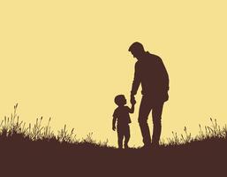 Silhouette of a man and child holding hands, walking through a grassy field at sunset, evoking a sense of bonding and tranquility in a serene natural setting. vector