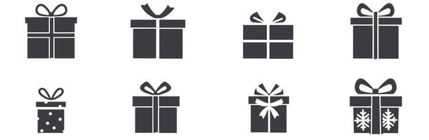 Collection of gift box icons with various decorations and bows in grayscale. vector